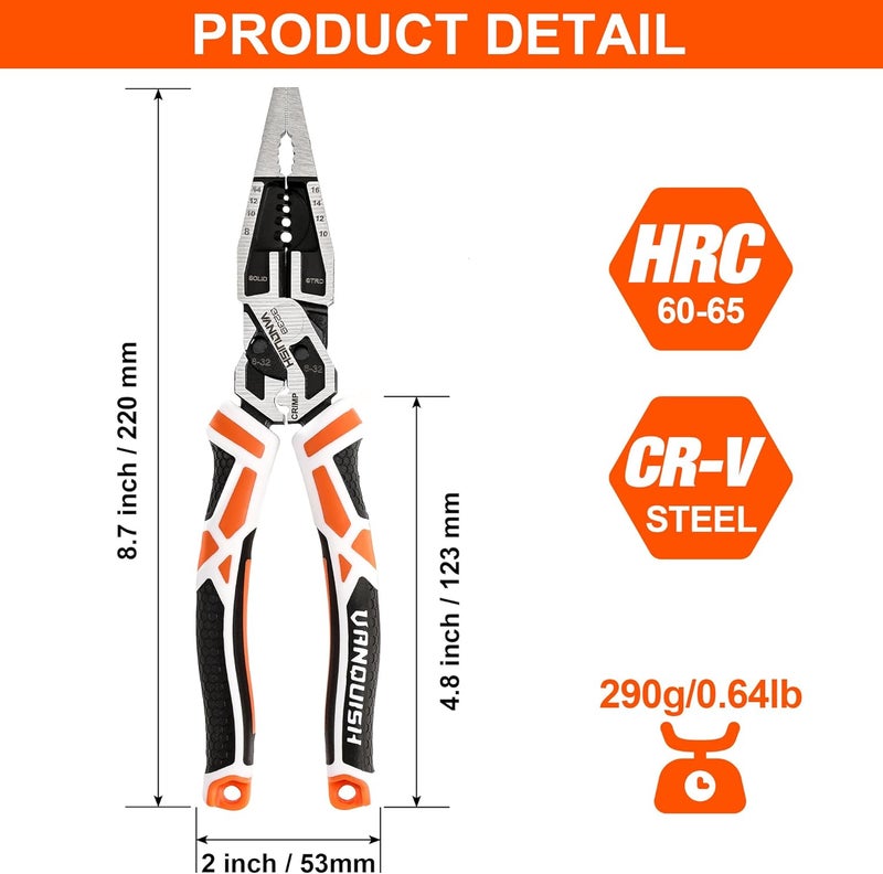 Vanquish 10-in-1 Long Nose Pliers, 8‘’ Multipurpose Combination Pliers Wire Cutter/Crimper/Stripper, CRV Steel, Heavy Duty Side-Cutting Pliers for Crimping, Stripping, Shearing, Deburring, 3239 - Image 2